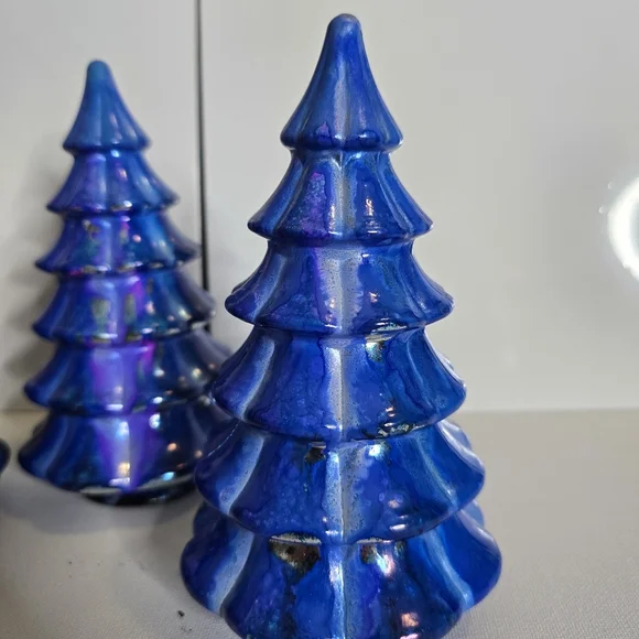 3 HANDCRAFTED Upcycled Blue Holiday Trees HANDPAINTED Tabletop Art Decor Artwork - Picture 10 of 12